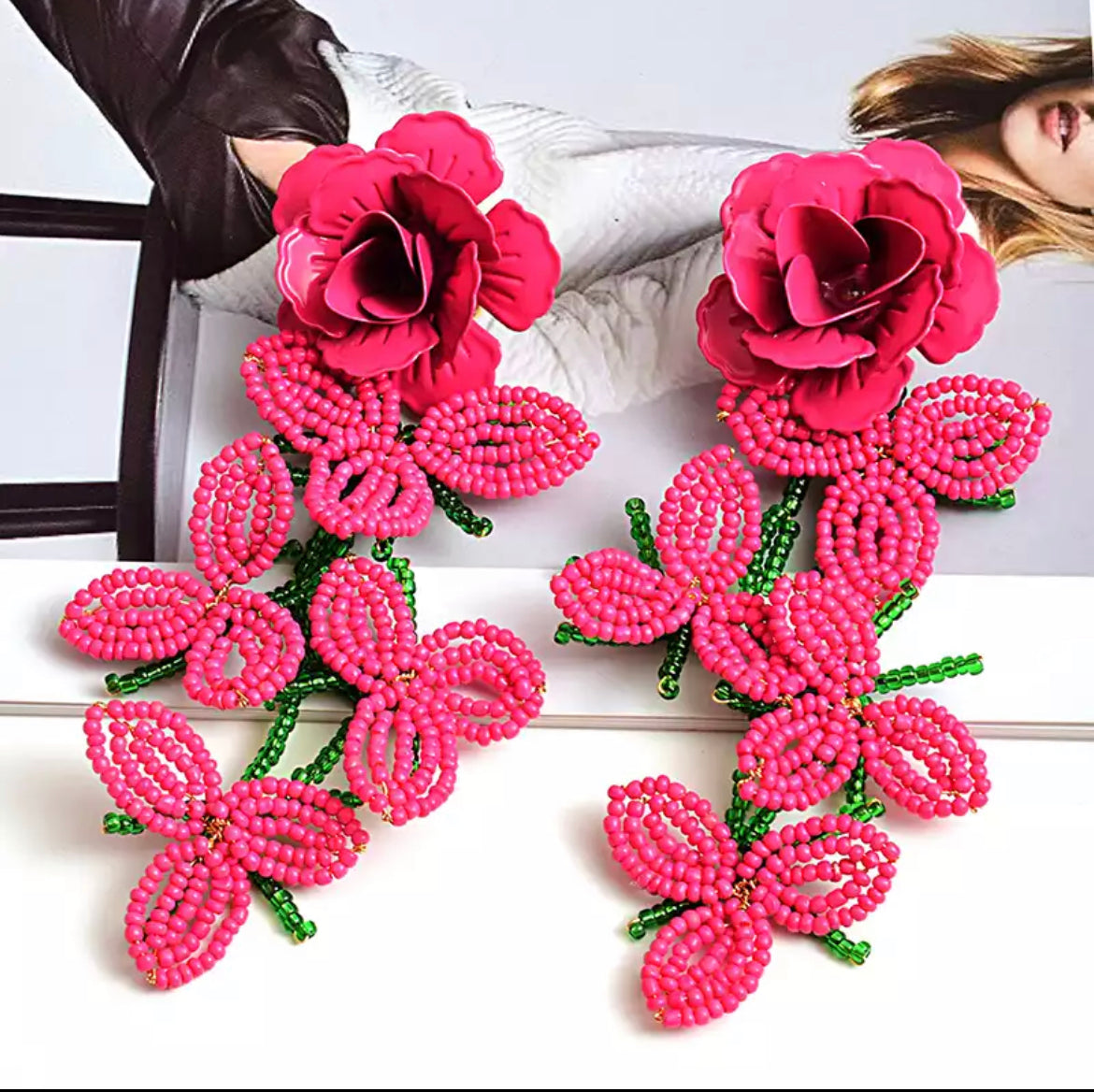 Pink flower statement earrings