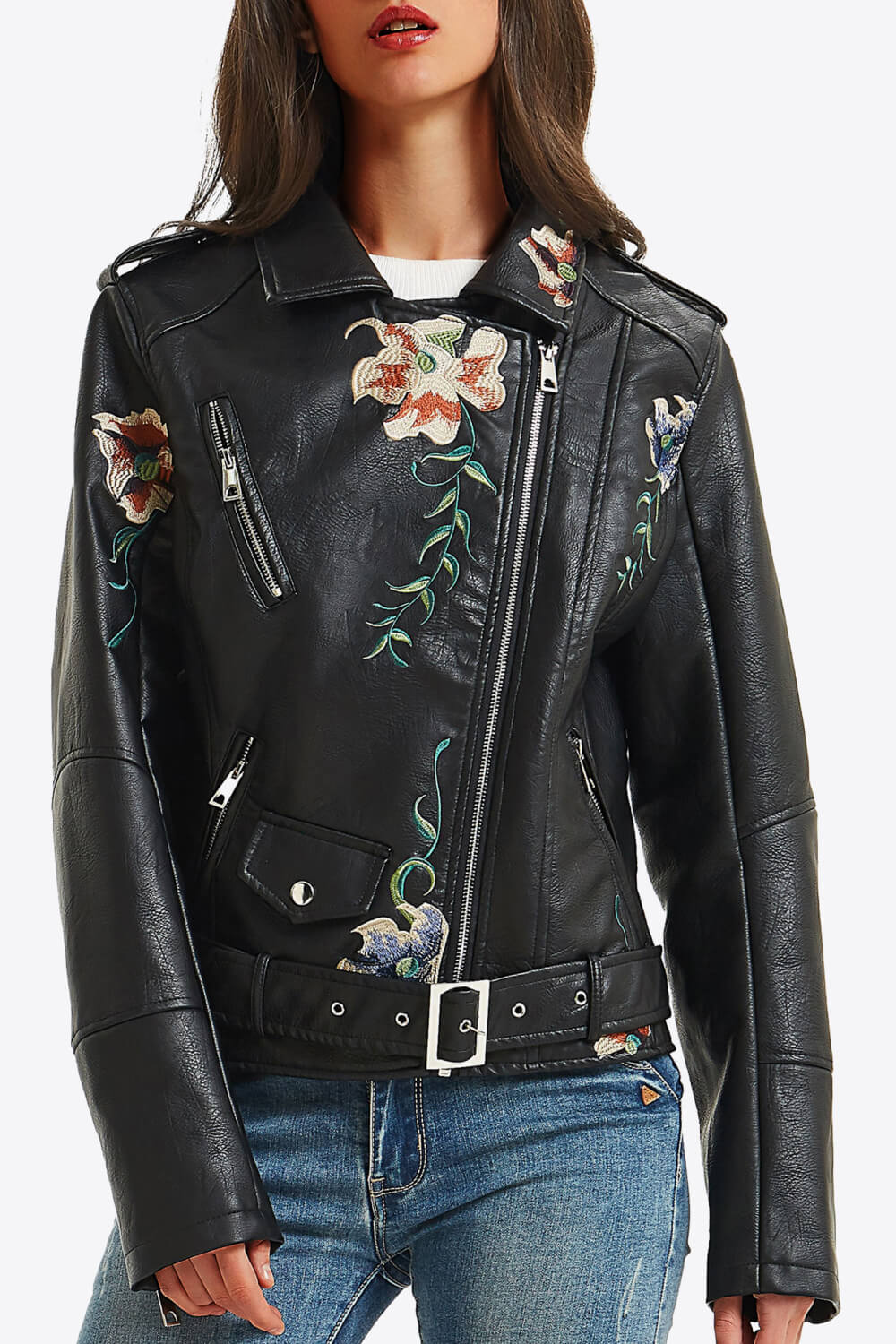 Embroidered Zip Up PU Leather Jacket