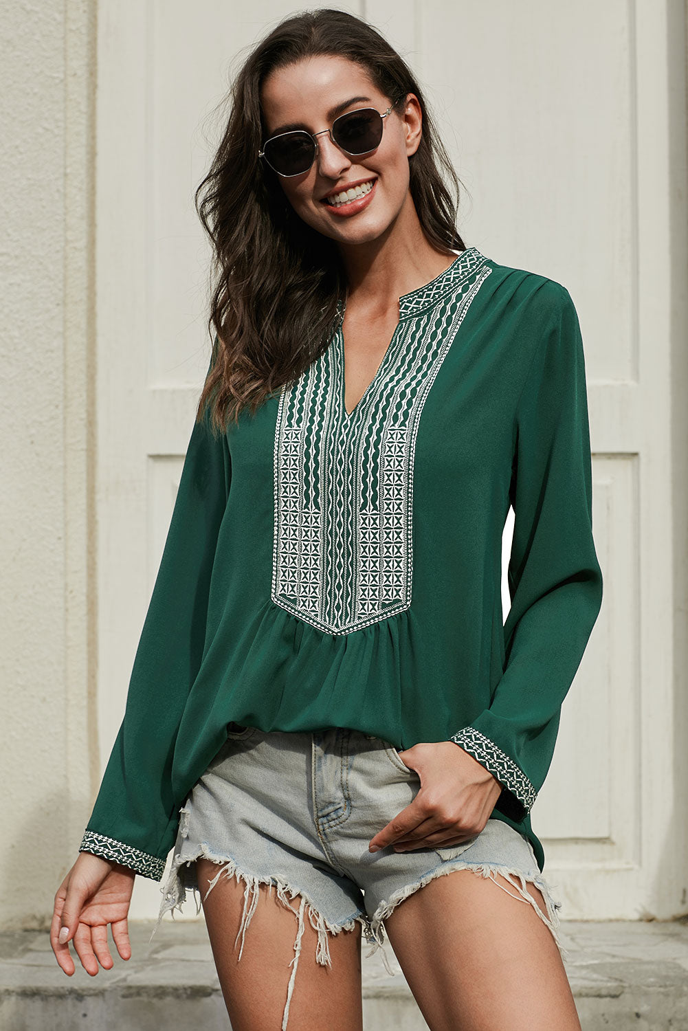 Front Embroidery Long Sleeves Blouse