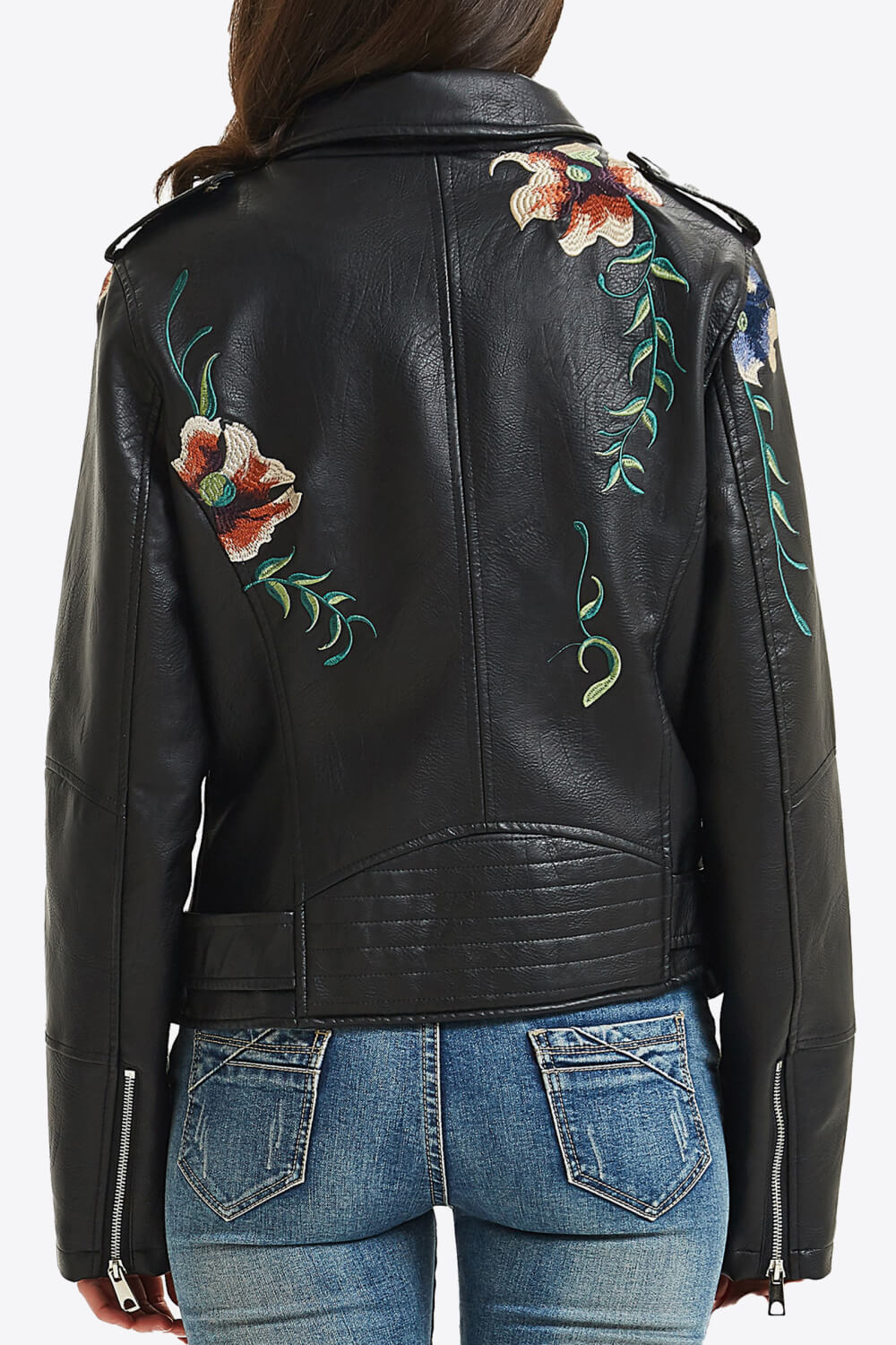 Embroidered Zip Up PU Leather Jacket